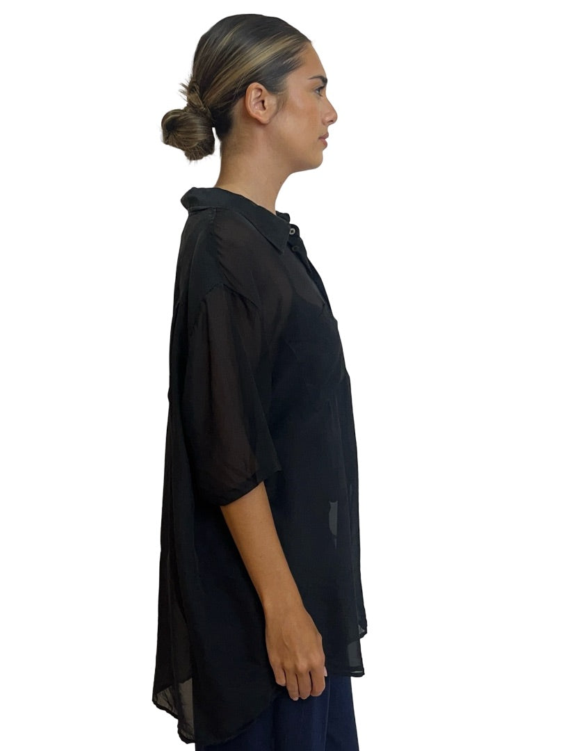 Silk Laundry Black Crinkle Silk Shirt. Size: XL