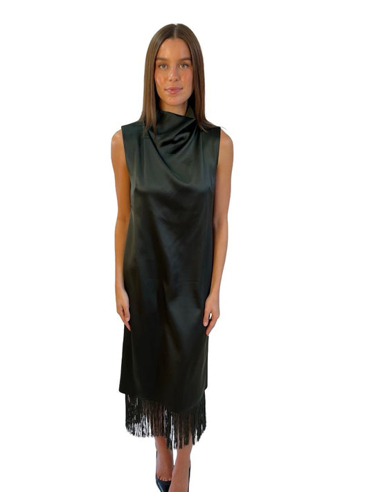 Camilla & Marc Olive Satin 'Marisol Midi' Dress W Fringe Hem. Size: 8
