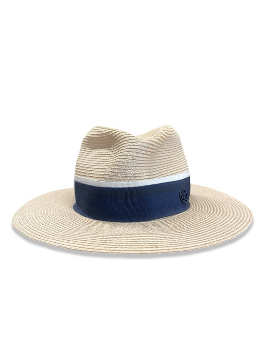 Maison Michel Beige/Blue Straw Fedora. Size: M