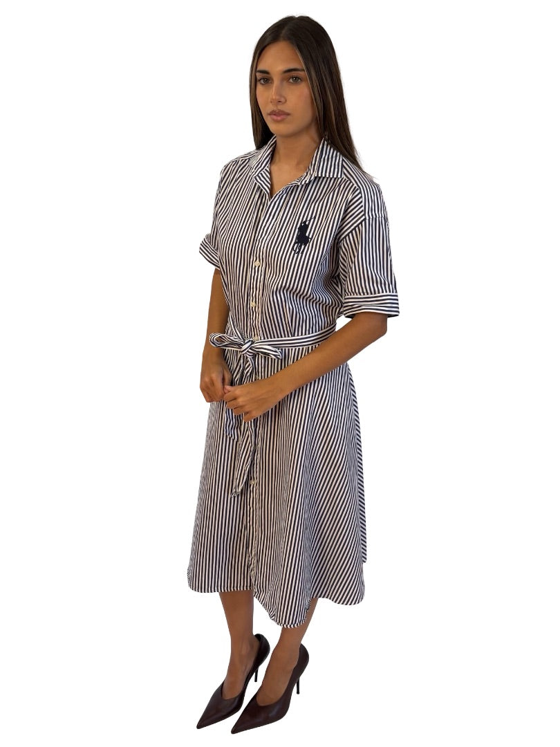 Ralph Lauren Navy / White Striped Cotton Midi Shirt Dress. Size: 6