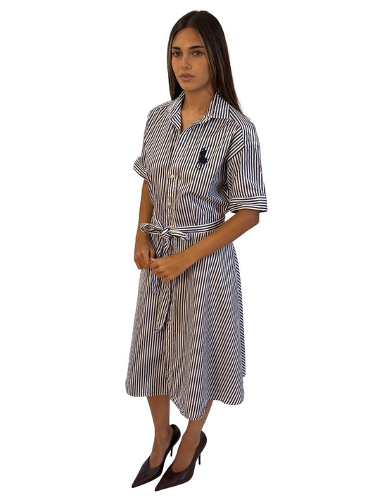 Ralph Lauren Navy / White Striped Cotton Midi Shirt Dress. Size: 6