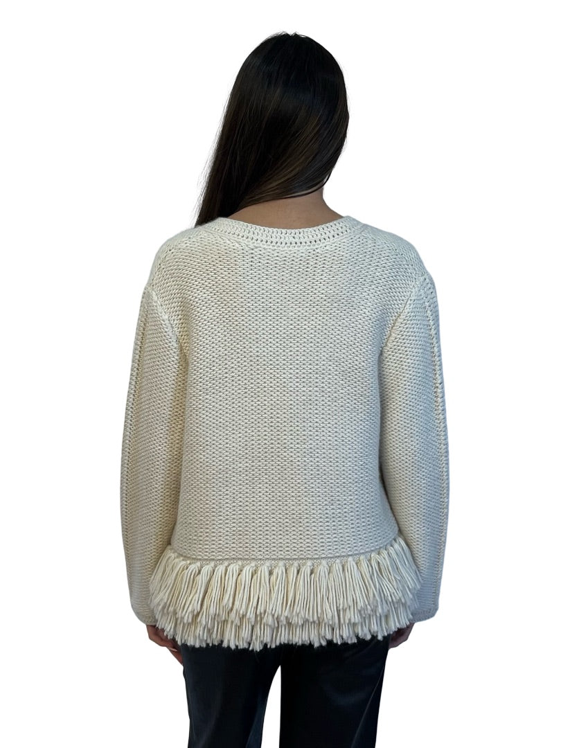 Vanessa Bruno Cream Baby Alpaca Knit Jacket w/ Fringe Waist Band. Size: L