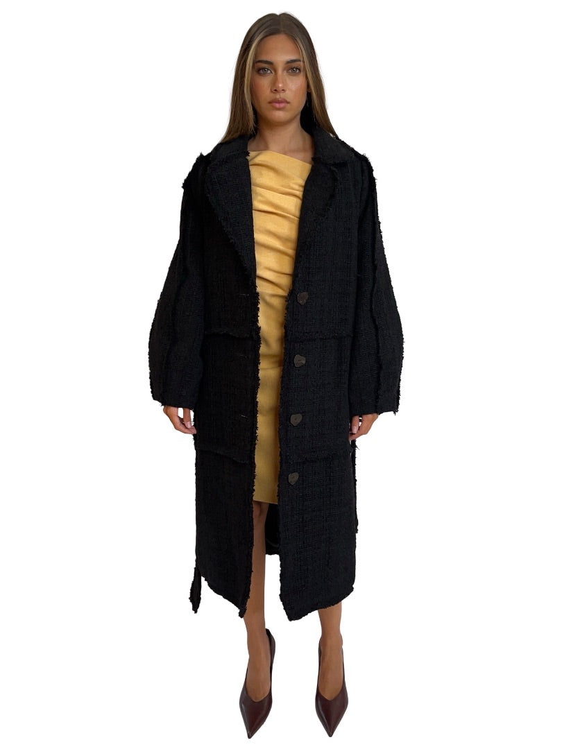 Aje Black Tweed Wool Blend Distressed Coat. Size: 4 AU