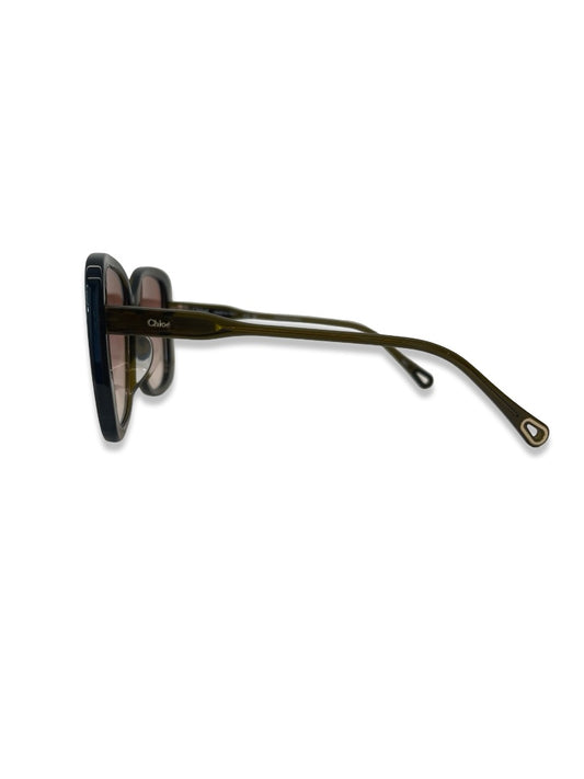 Chloe Olive Square Frame Glasses w/ Rose Lens.