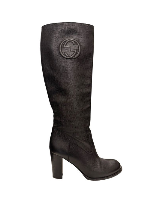 Gucci Black Leather Block Heel Knee High Boots. Size: 41