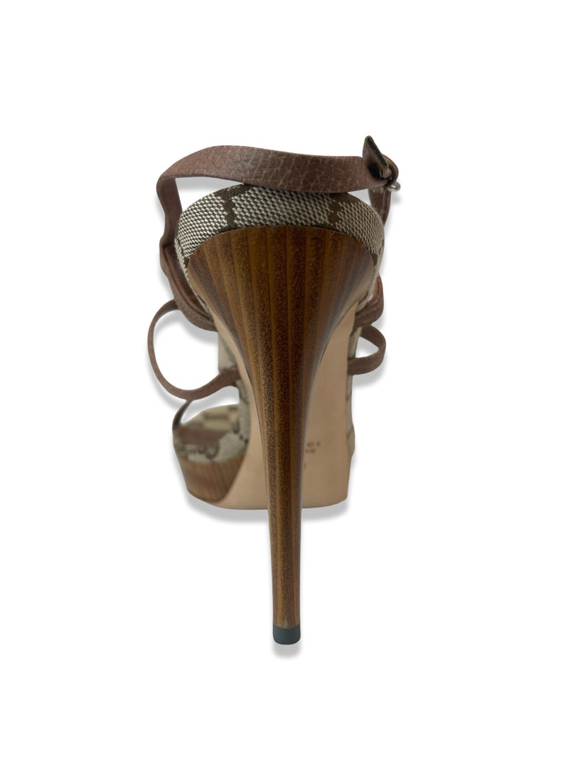 Gucci Brown Platform Strap Monogram Heel. Size: 40