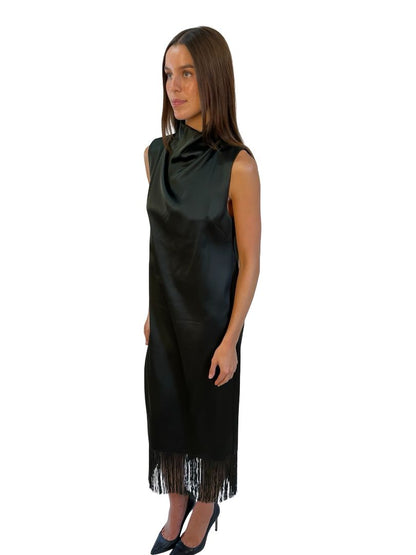 Camilla & Marc Olive Satin 'Marisol Midi' Dress W Fringe Hem. Size: 8
