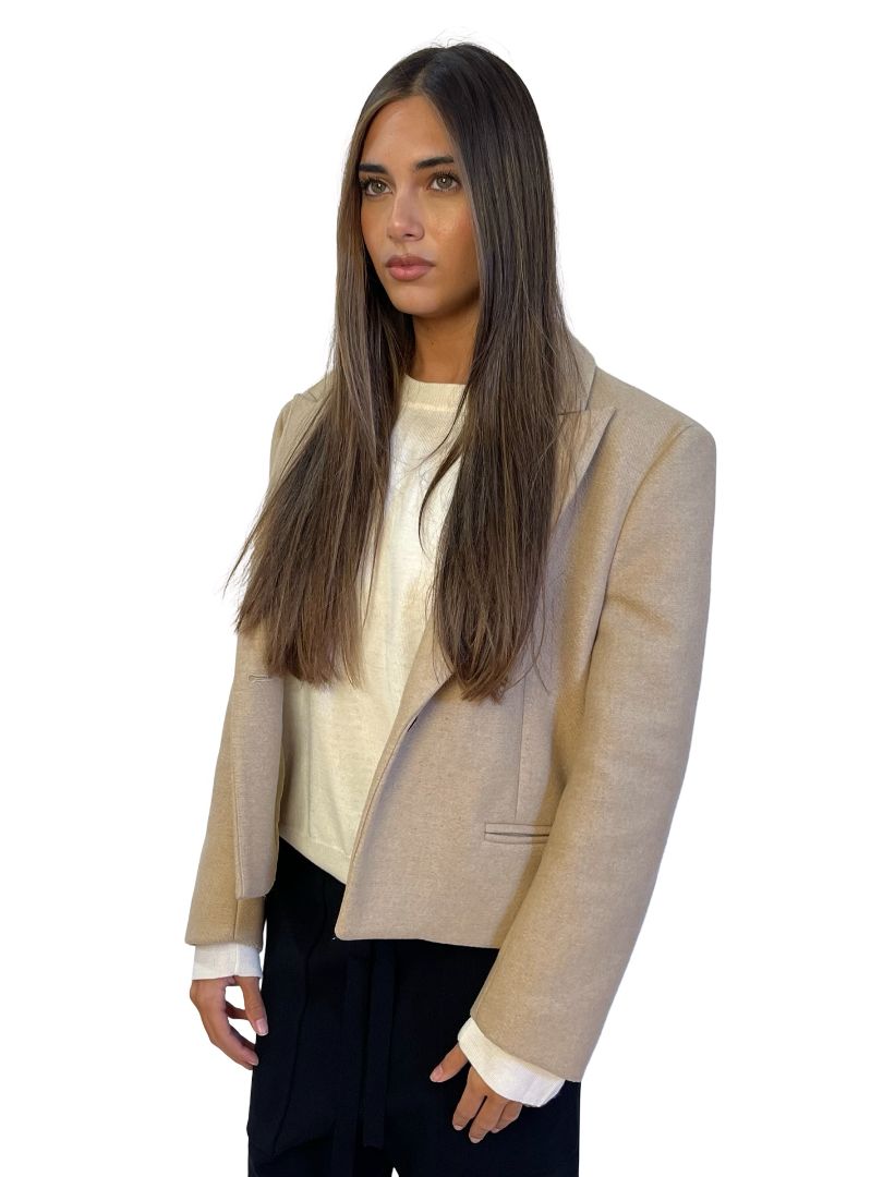 Karen Walker Tan Wool Blend Single Gold Button Blazer. Size: 12