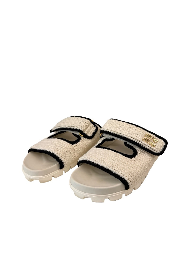 Miu Miu White Logo-Plaque Touch-Strap Sandals. Size: 37