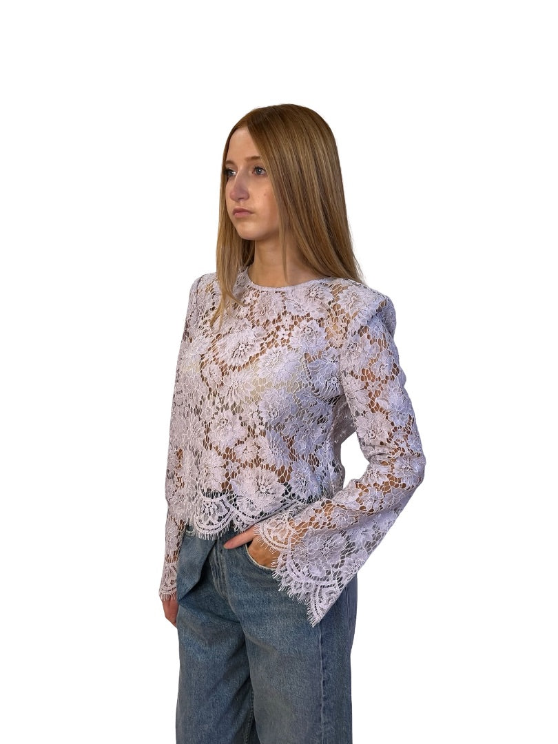 Self Portrait Lilac Floral Lace Fluted Sleeve Top. Size: 8