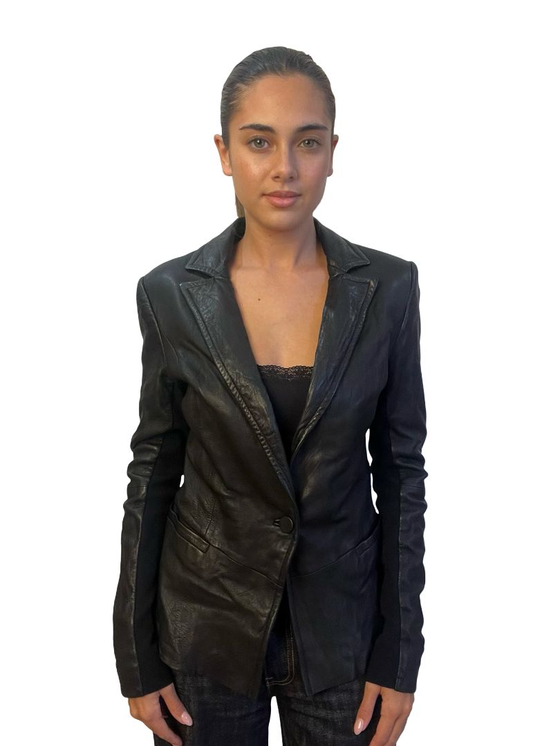 Husk Black Peplum Leather Jacket. Size: 10