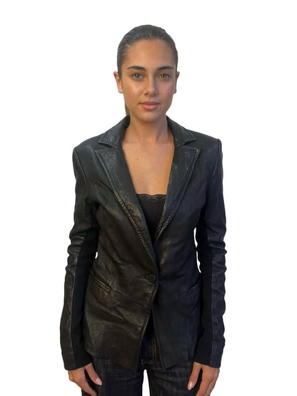 Husk Black Peplum Leather Jacket. Size: 10