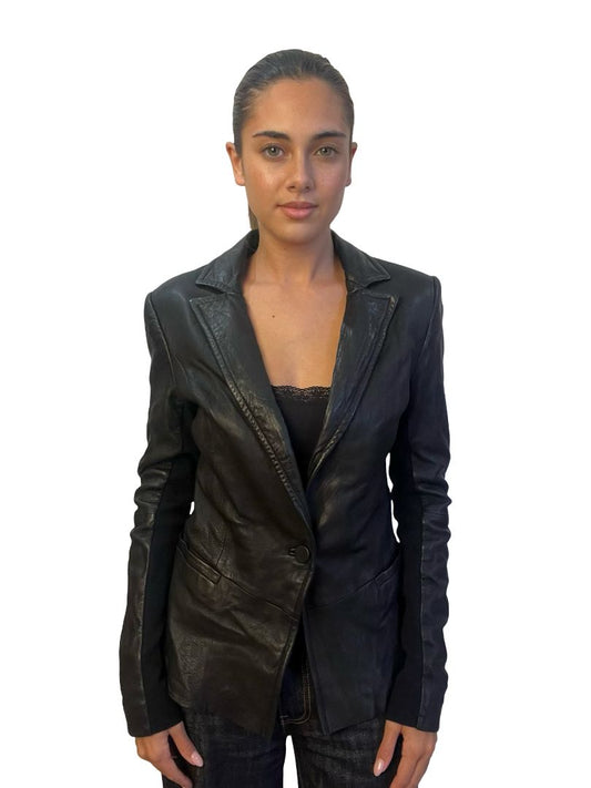 Husk Black Peplum Leather Jacket. Size: 10