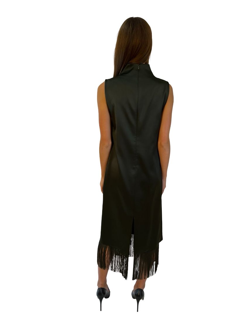 Camilla & Marc Olive Satin 'Marisol Midi' Dress W Fringe Hem. Size: 8