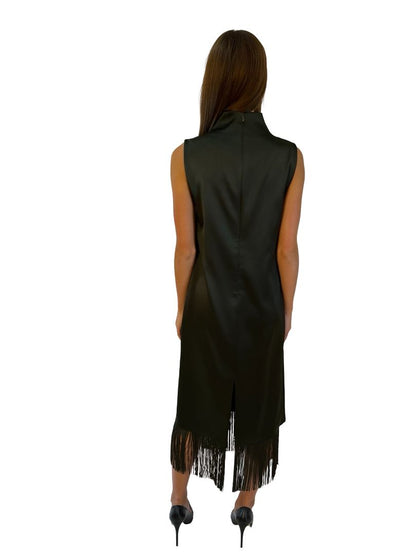 Camilla & Marc Olive Satin 'Marisol Midi' Dress W Fringe Hem. Size: 8