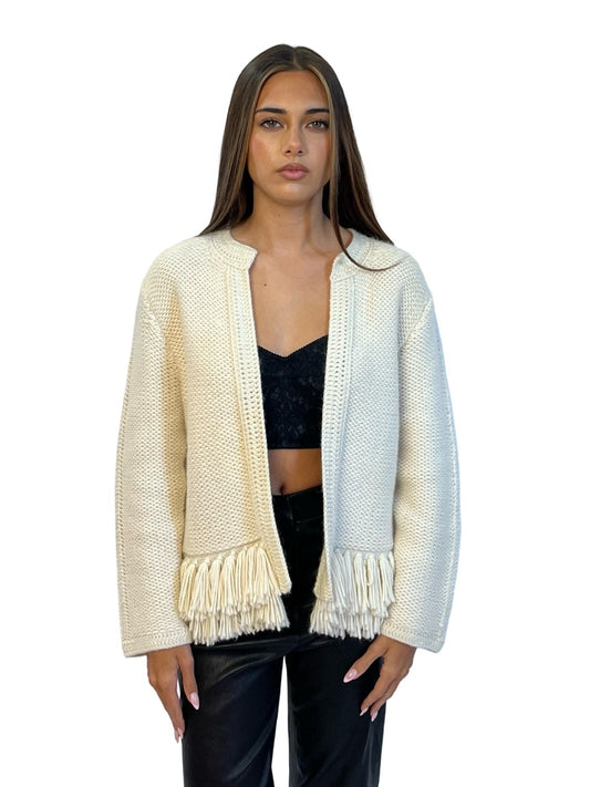 Vanessa Bruno Cream Baby Alpaca Knit Jacket w/ Fringe Waist Band. Size: L