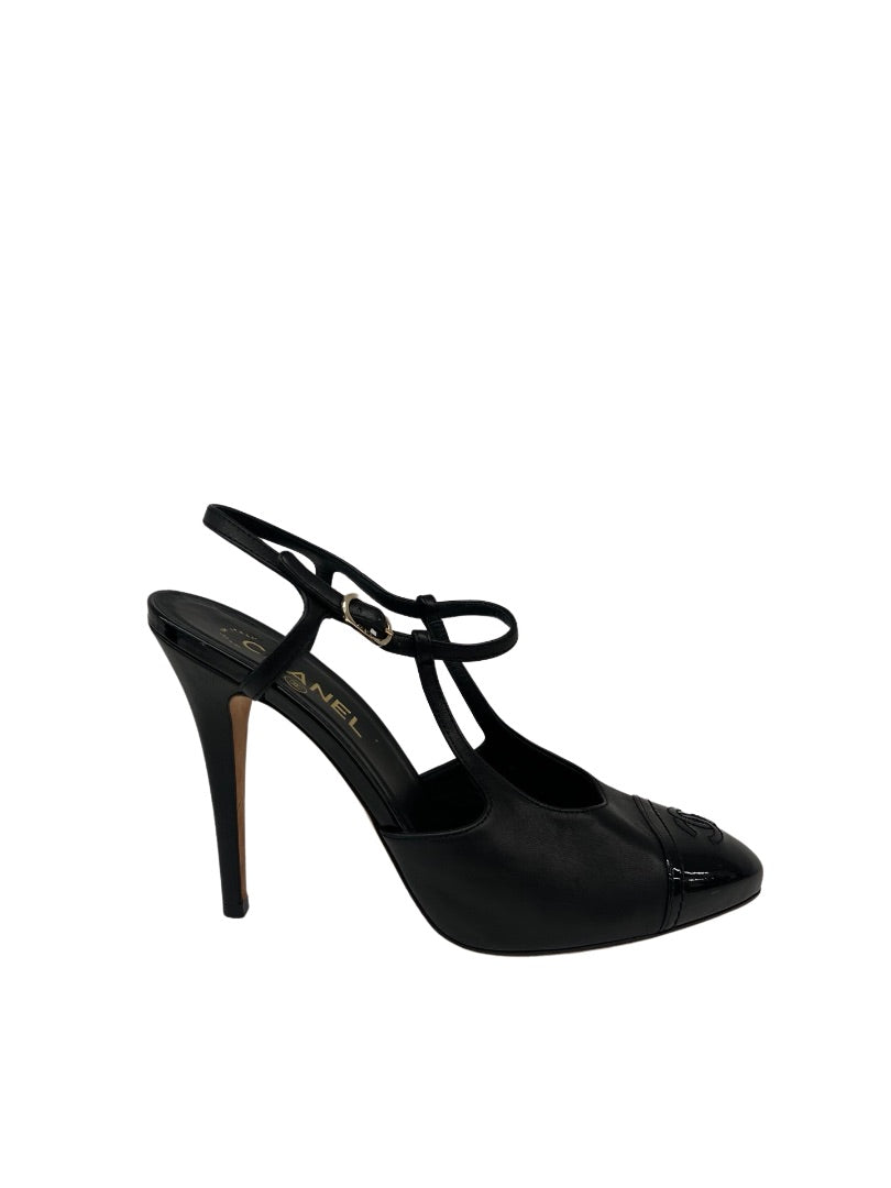 Chanel Black CC Embroidered Patent Toe Strappy Heels. Size: 40