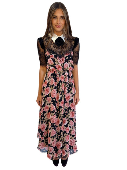 Nissa Black / Pink Rose Print Dress w/ Satin Collar. Size: 36