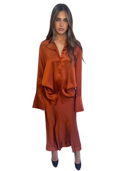 Lee Mathews Orange Silk Satin Shirt & Skirt Set. Size: 2