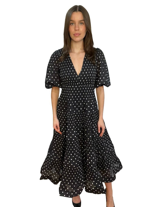 Zimmermann Black Polka Dot Pleated Puff Sleeve Maxi Dress. Size: 0
