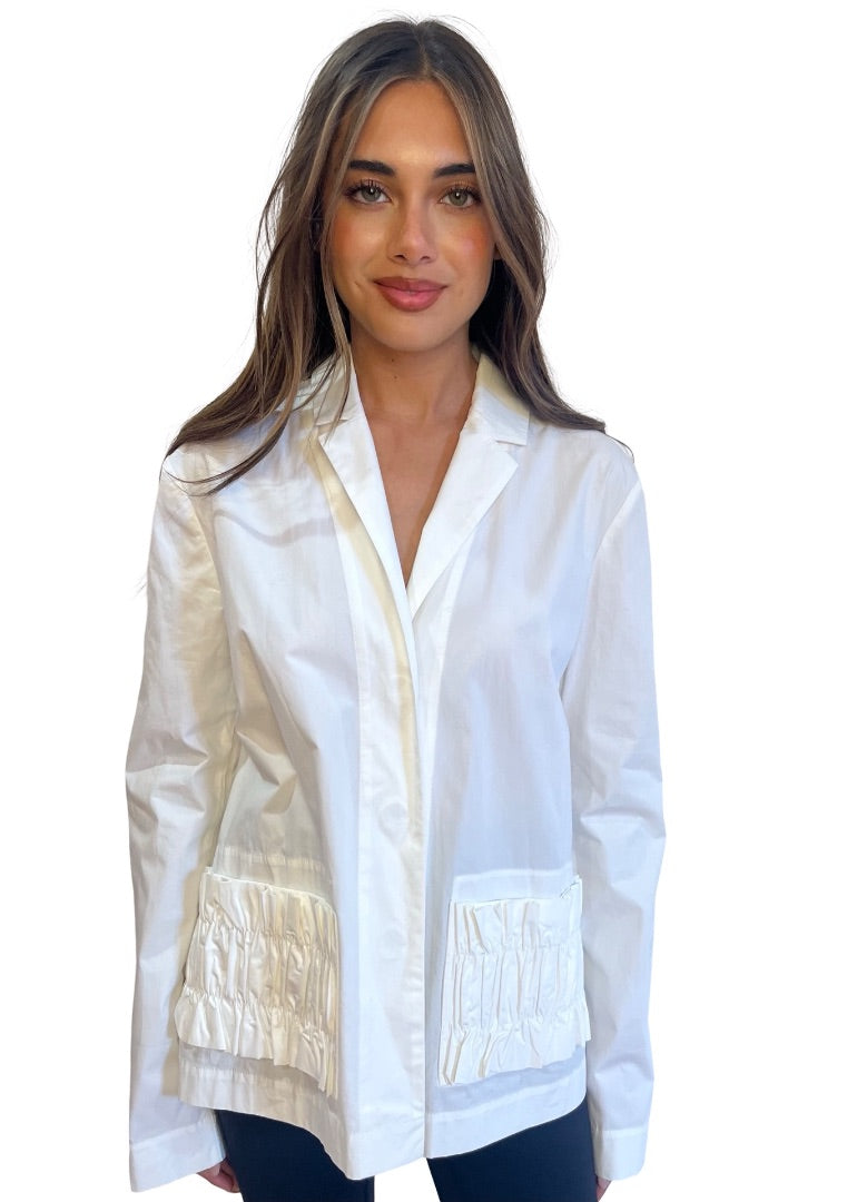 Lee Mathews White Ruffle Pocket Shirt. Size: 3