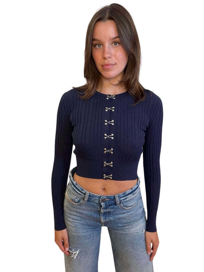 Dion Lee Navy Ribbed Cardigan w/ Metal Clasps. Size: XS