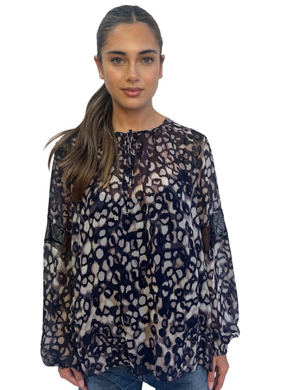 Husk Blue / Neutral Sheer Print Blouse w/ Lace. Size: 12