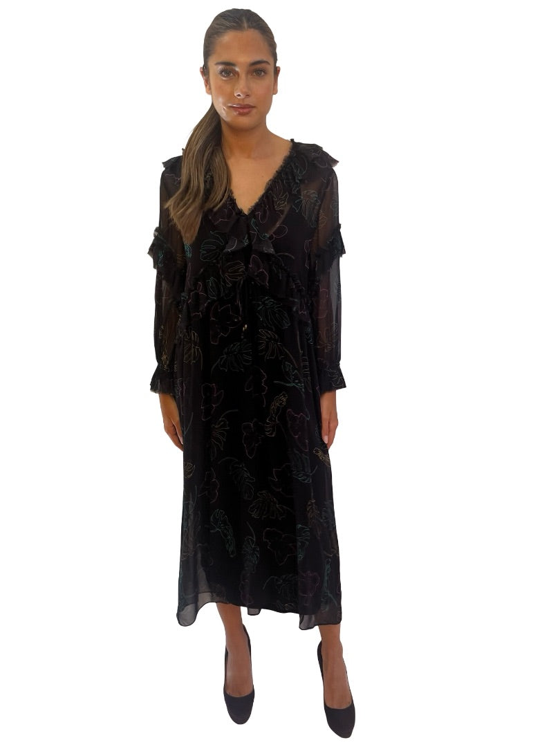 Husk Black Leaf Print Ruffle Dress. Size: 10