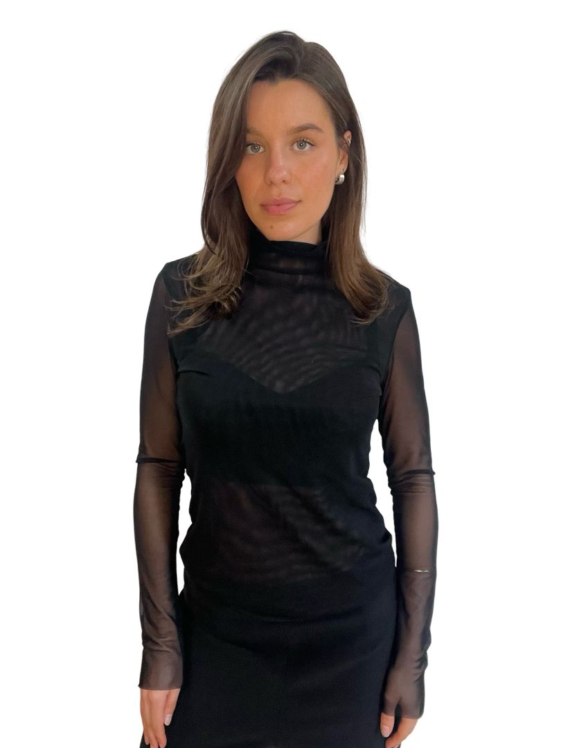 Stable Brand Black Long Sleeve Sheer Mock Neck Top. Size: S