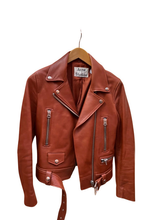 Acne Studios Brown Leather Biker Jacket w Belt & Silver Hardware. Size: 36