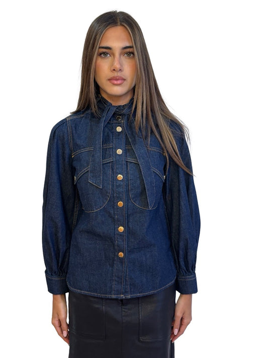 Zimmermann Indigo Neck Tie Denim Shirt. Size: OP