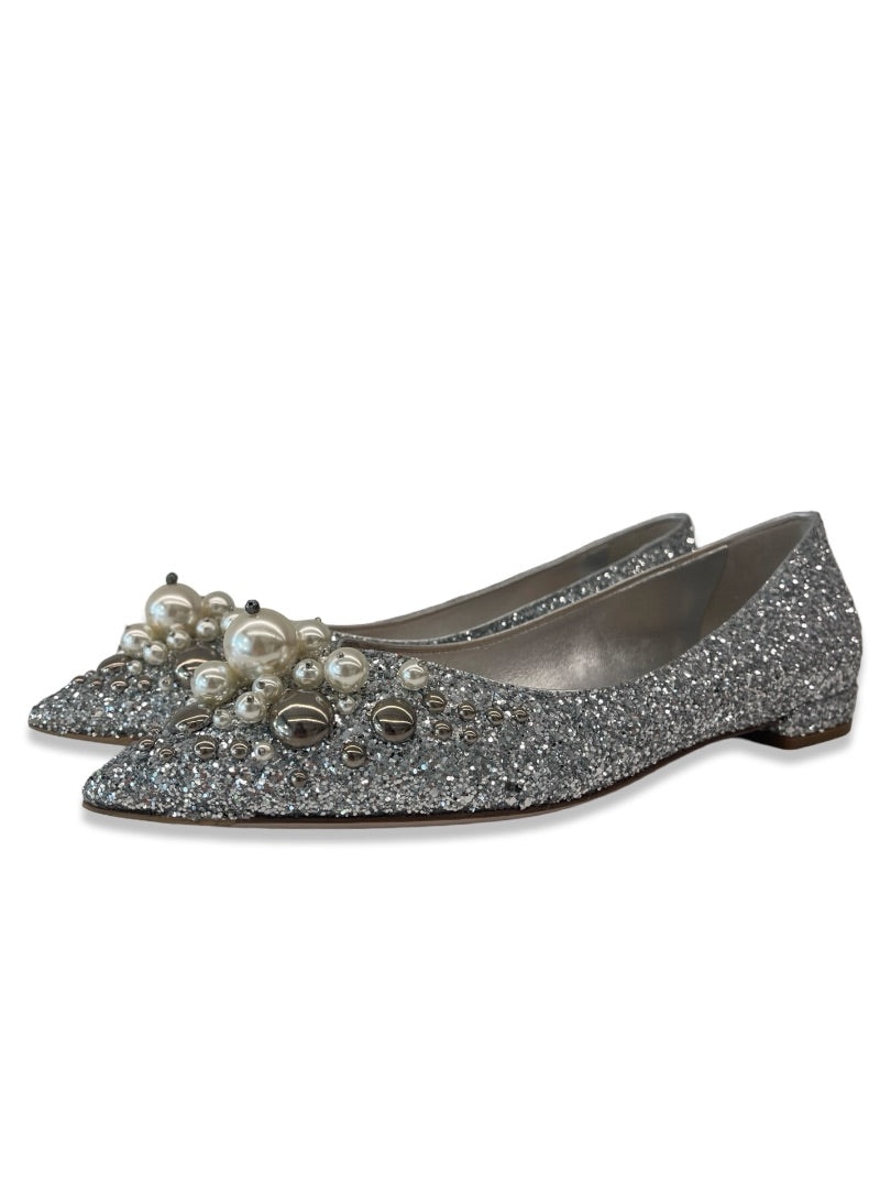 Miu Miu Silver Glitter Ballet Flats W Pearl Embellishment. Size: 38