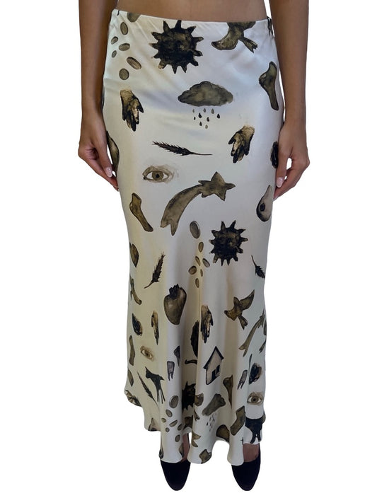 Silk Laundry Cream / Olive Long Bias Cut Skirt Miracles Hazelnut. Size: S