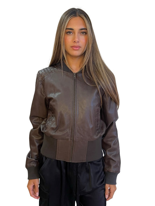 Flannel Brown Leather Cropped Bomber. Size: 2