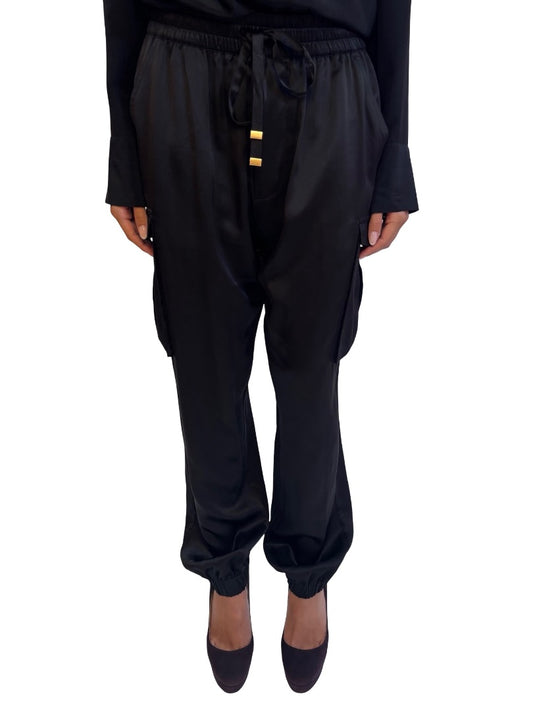 Husk Black Silk Satin Cargo Pants. Size: 10