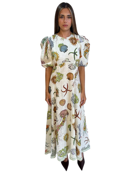 Alemais Cream Sea Print Midi Dress. Size: 10