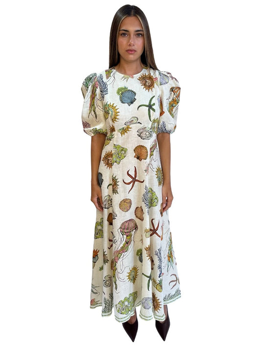 Alemais Cream Sea Print Midi Dress. Size: 10