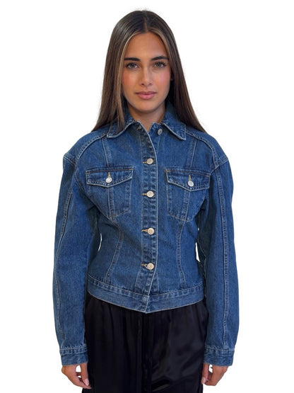 Bayse Denim Blue Cropped Denim Jacket w/ Two Front Pockets. Size: XS