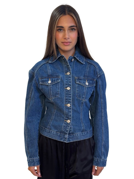 Bayse Denim Blue Cropped Denim Jacket w/ Two Front Pockets. Size: XS