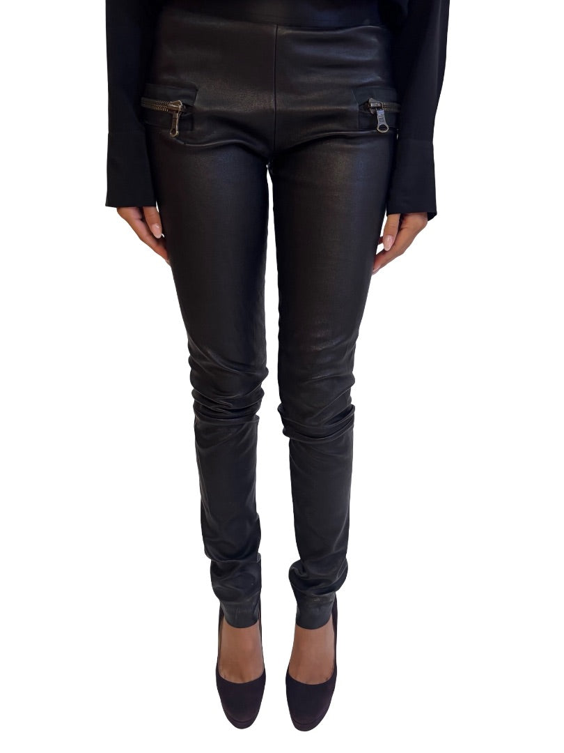 Les Chiffoniers Black Leather Leggings w/ Zippers. Size: S