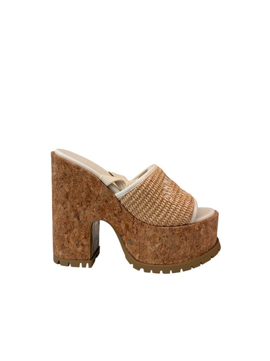 Jimmy Choo Tan Embroidered Raffia Platform Cork Sandals. Size: 38.5
