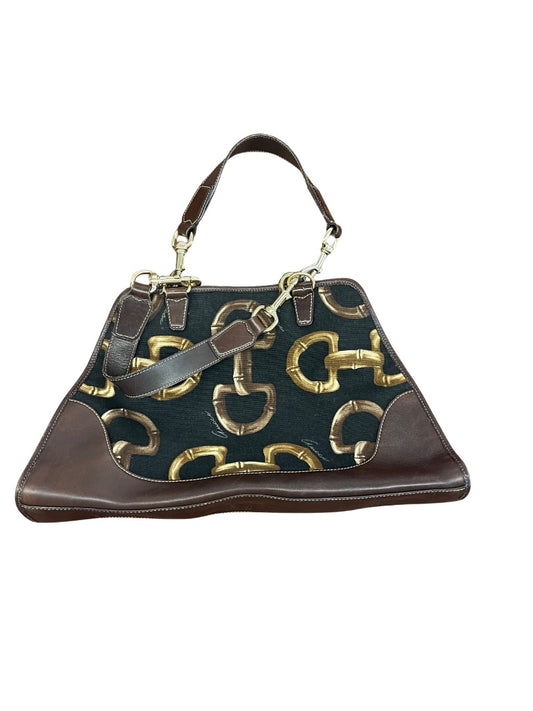Gucci Brown, Black & Gold Horsebit Canvas Print Bag. Size: