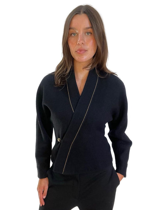 Bassike Black Wool Fitted Wrap Top. Size: 00