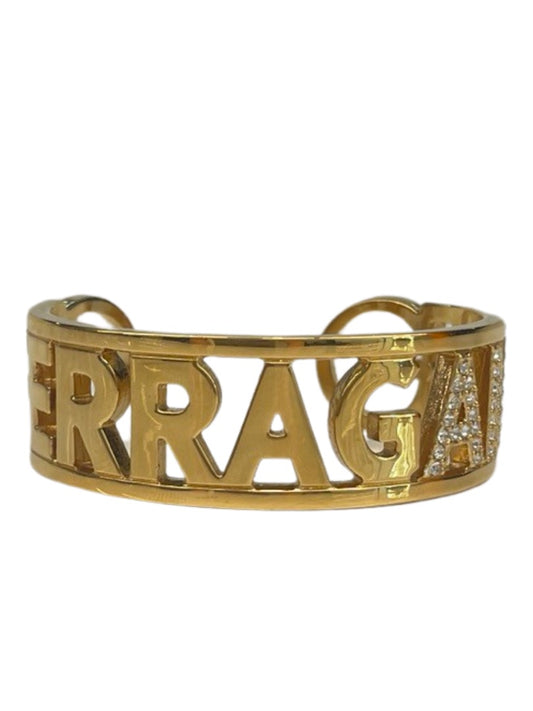 Salvatore Ferragamo Gold Rhinestone Embellished Cuff Bracelet. Size: