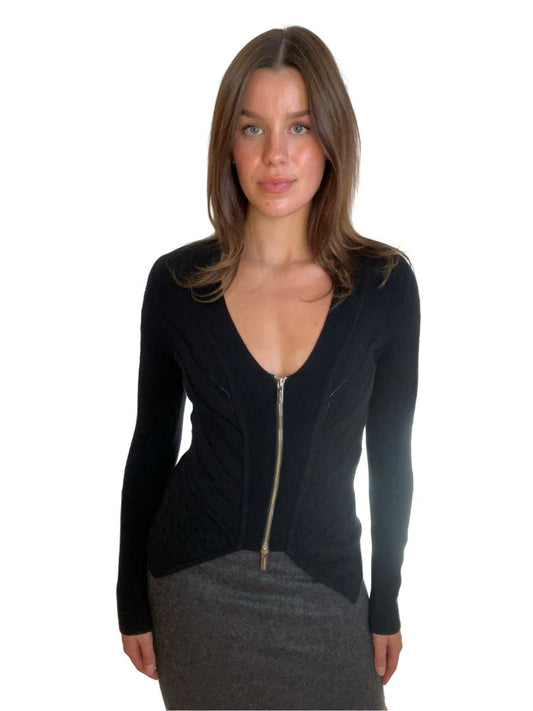 Karen Millen Black Wool Cardigan with Bodist Shaping and Zip. Size: 1