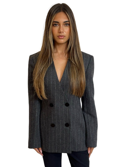 Carla Zampatti Grey Charcoal Italian Wool Pinstripe Blazer. Size: 6
