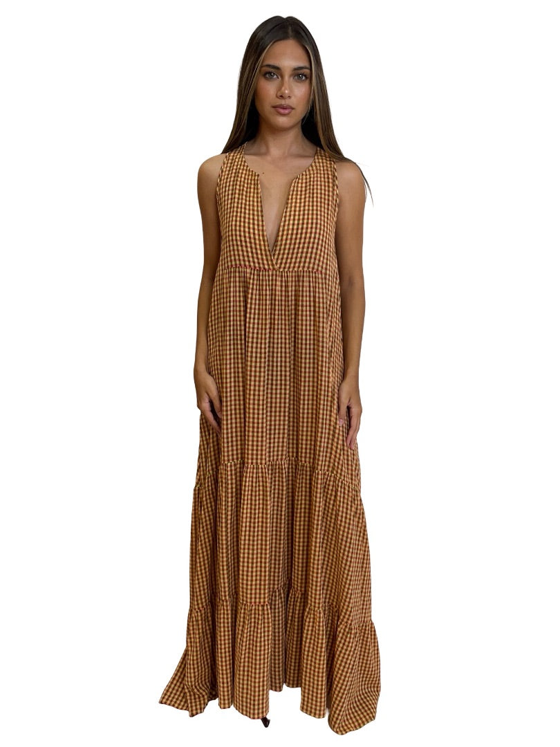 Beatrice Red / Yellow Gingham Sleeveless Tiered Dress. Size: L