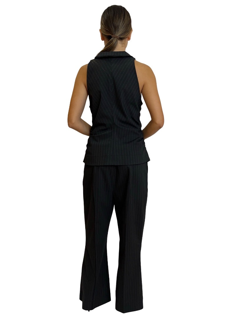 Ganni Black Gathered Vest/Bootcut Pant Pinstripe Set. Size: 38-40