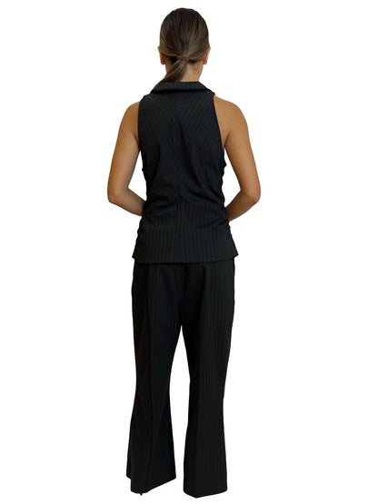 Ganni Black Gathered Vest/Bootcut Pant Pinstripe Set. Size: 38-40