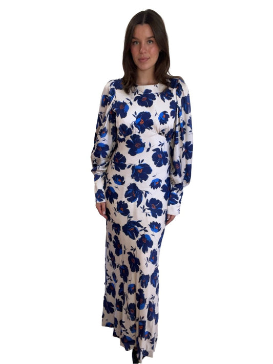 By Malina Cream & Blue Long Sleeve Maxi Dress w Floral Print. Size: M